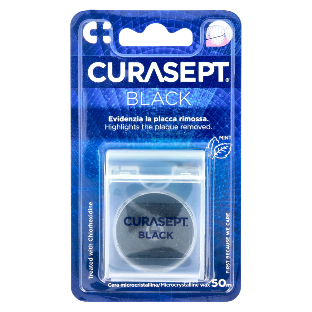 Чёрная вощёная зубная нить 50 м Curasept