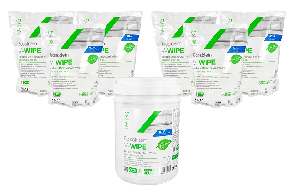 Набор спиртовых салфеток Bossklein V-Wipe (6 вкладышей × 160 шт. + контейнер)