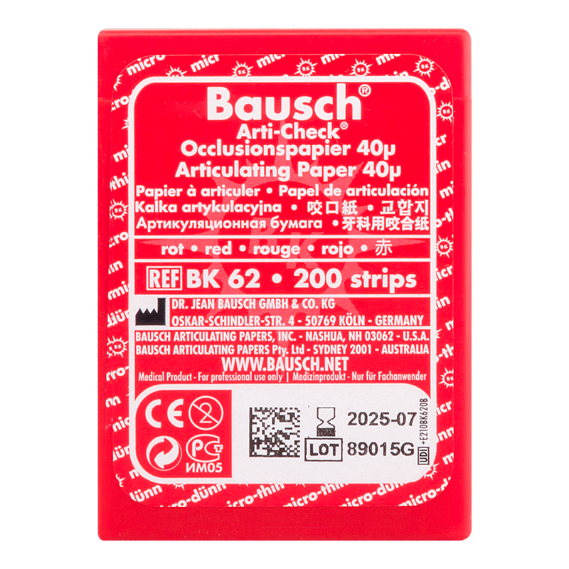 Артикуляционная бумага в полосках 40 мкм красная 200 шт. BK 62 Bausch